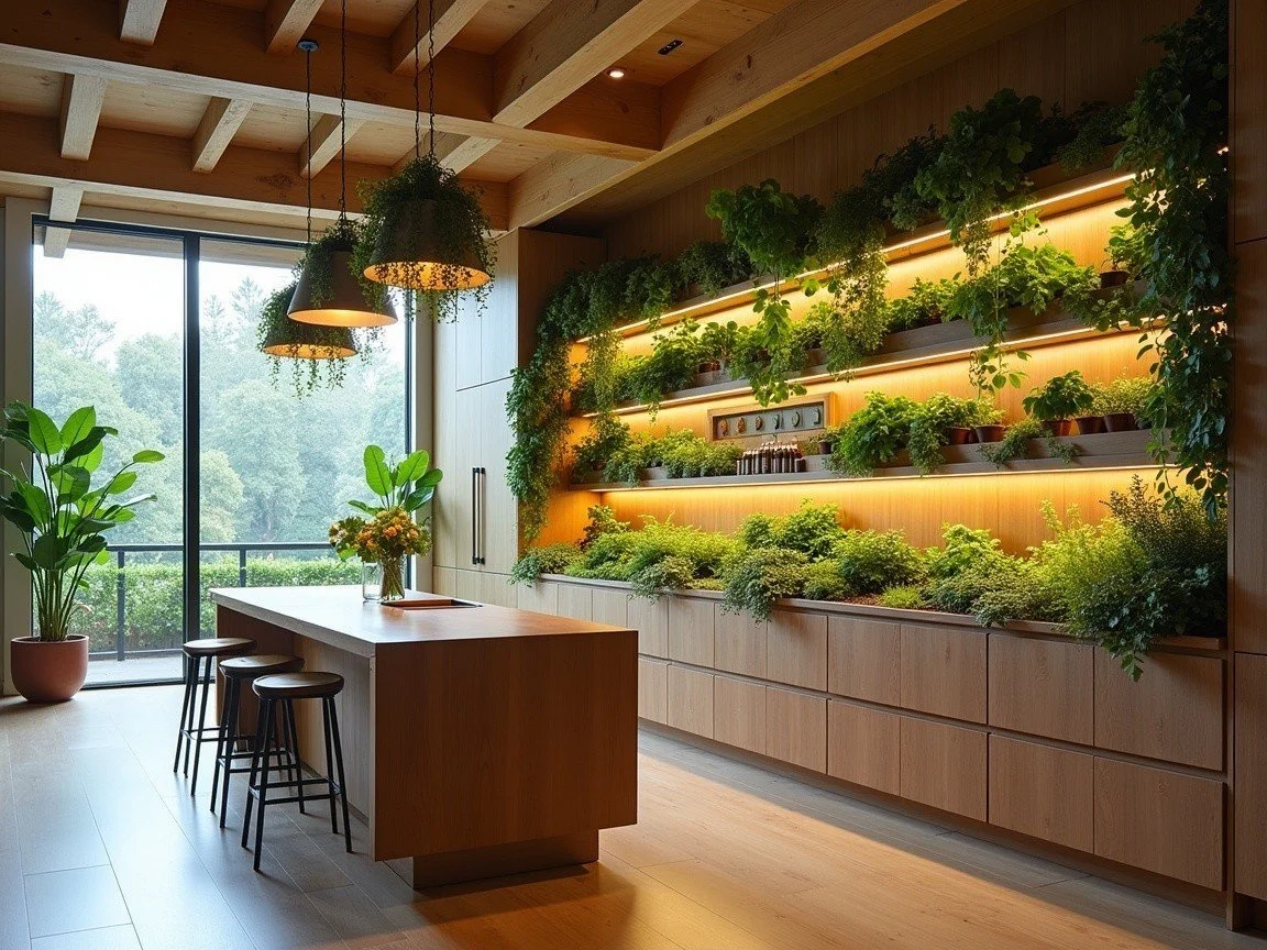 Modern kitchen with wooden cabinets, a countertop island, stools, and a vertical indoor garden with various plants.