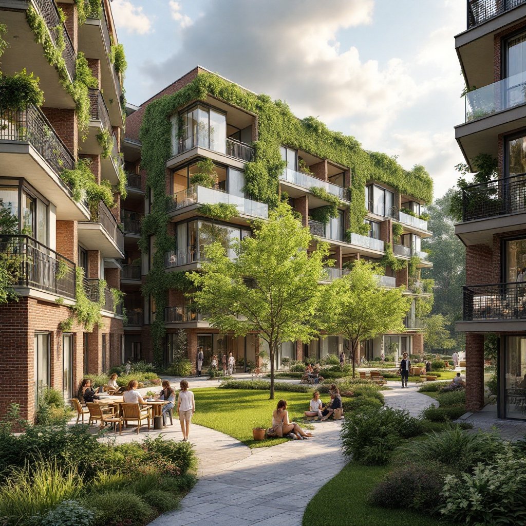 Modern green residential complex with balconies, lush vegetation, and people relaxing in landscaped courtyard.