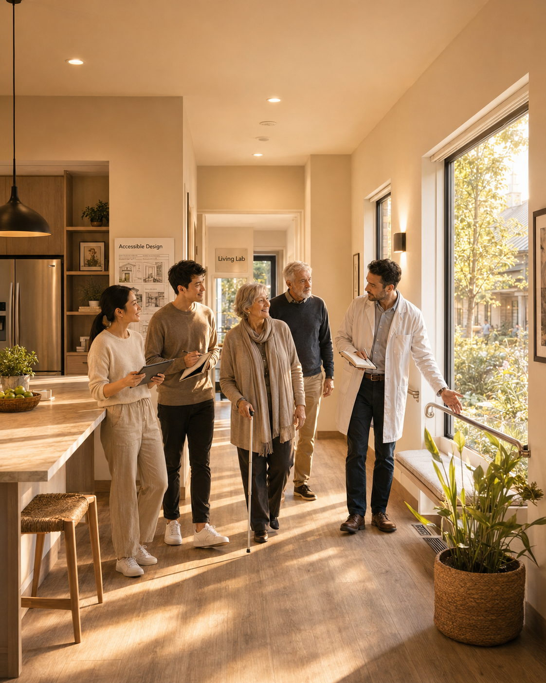 Group of five people having a discussion in a well-lit, modern kitchen and living area, including a doctor in a white coat showing a window diagram to an elderly woman with a walking cane, surrounded by two middle-aged individuals and a young woman with a tablet.