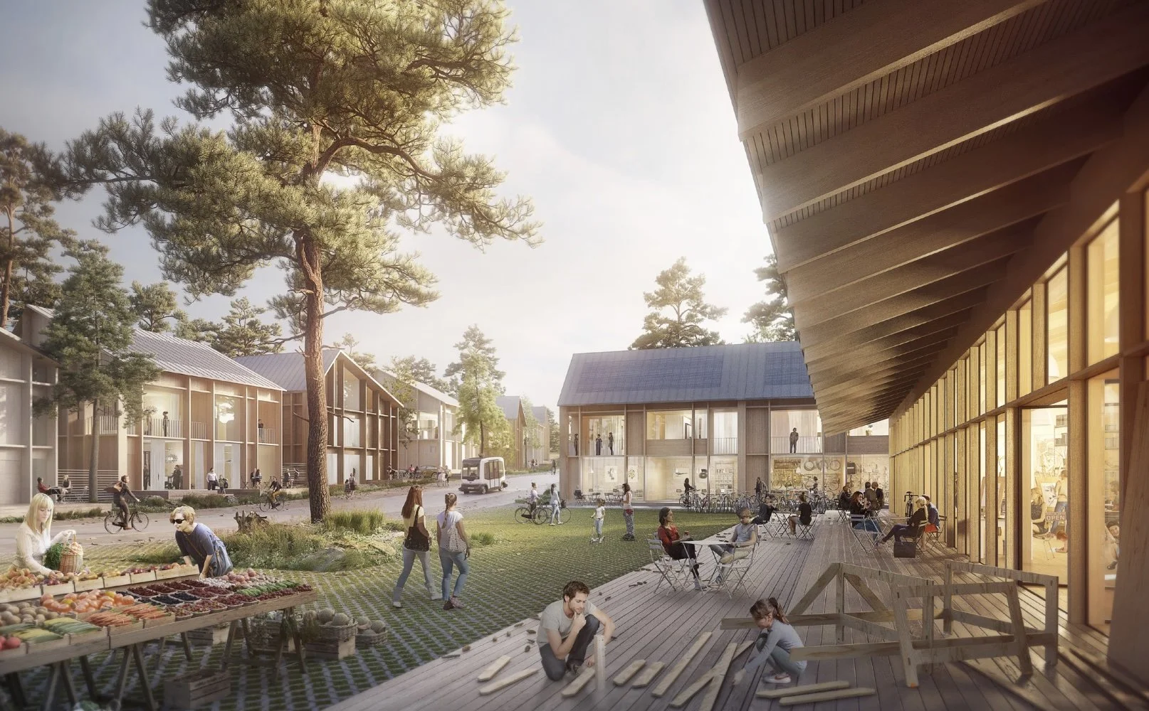 Modern community area with people, trees, and glass buildings; includes a farmer's market, cyclists, and solar panels.
