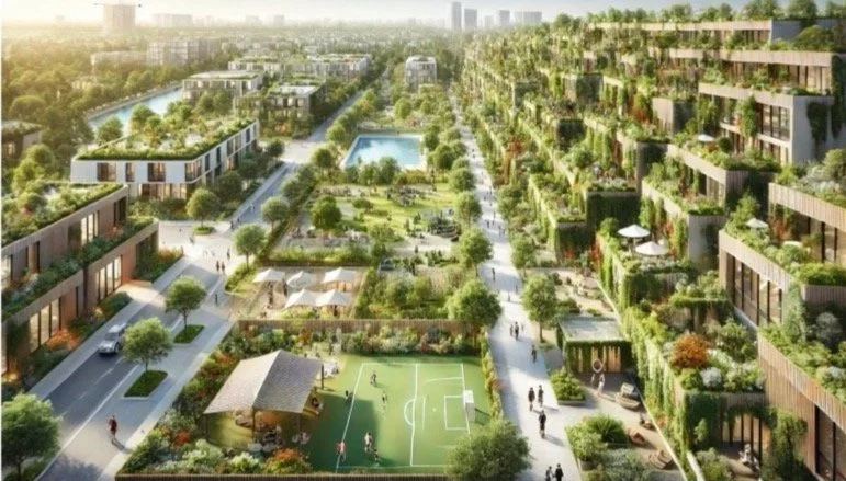 Aerial view of a green urban landscape with eco-friendly buildings adorned with vertical gardens. The area includes a community park with trees and walkways, along with residential structures featuring rooftop gardens. A sports court is visible, surrounded by greenery.