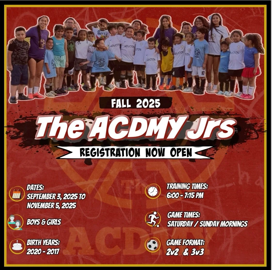 🚨⚽️ CALLING ALL MINI BALLERS! ⚽️🚨
Is your little one ready to shine on the field?
ACDMY JRS is BACK this fall &mdash; and spots will go fast! 💨🔥

💲 Only $300 for the FULL season!

✨ Includes:
✅ 1 training session/week
✅ 1 game/week
✅ Fun, friend