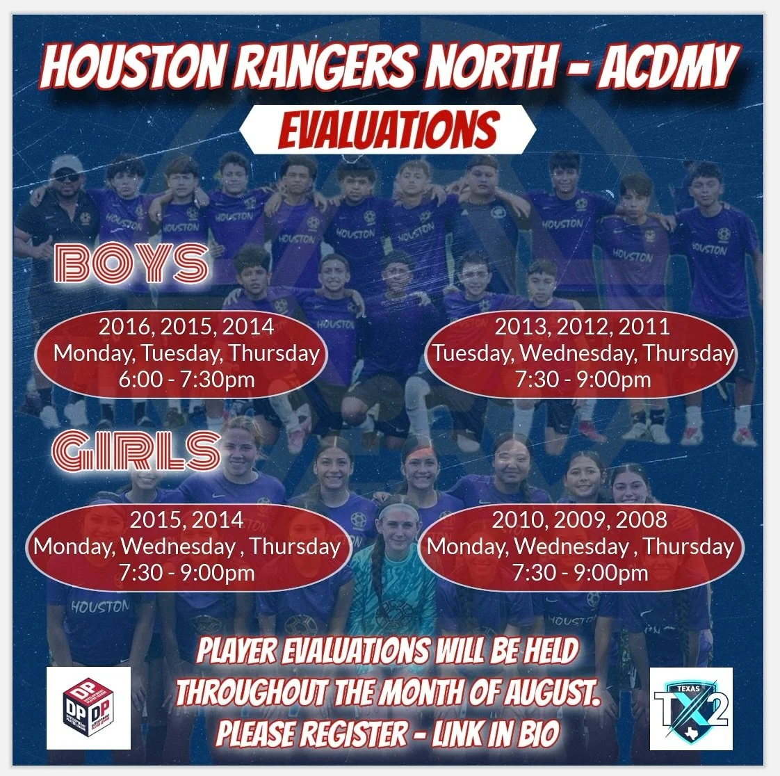 🚨 Calling All Ballers! Player Evaluations Are Here! 🚨
🔥 Houston Rangers North &ndash; ACDMY Teams 🔥
We&rsquo;re looking for top talent to join our elite squads!

⚽️ August Tryouts / Evaluations
📍 Alabonson Park
🎯 Competitive | Development-Focus