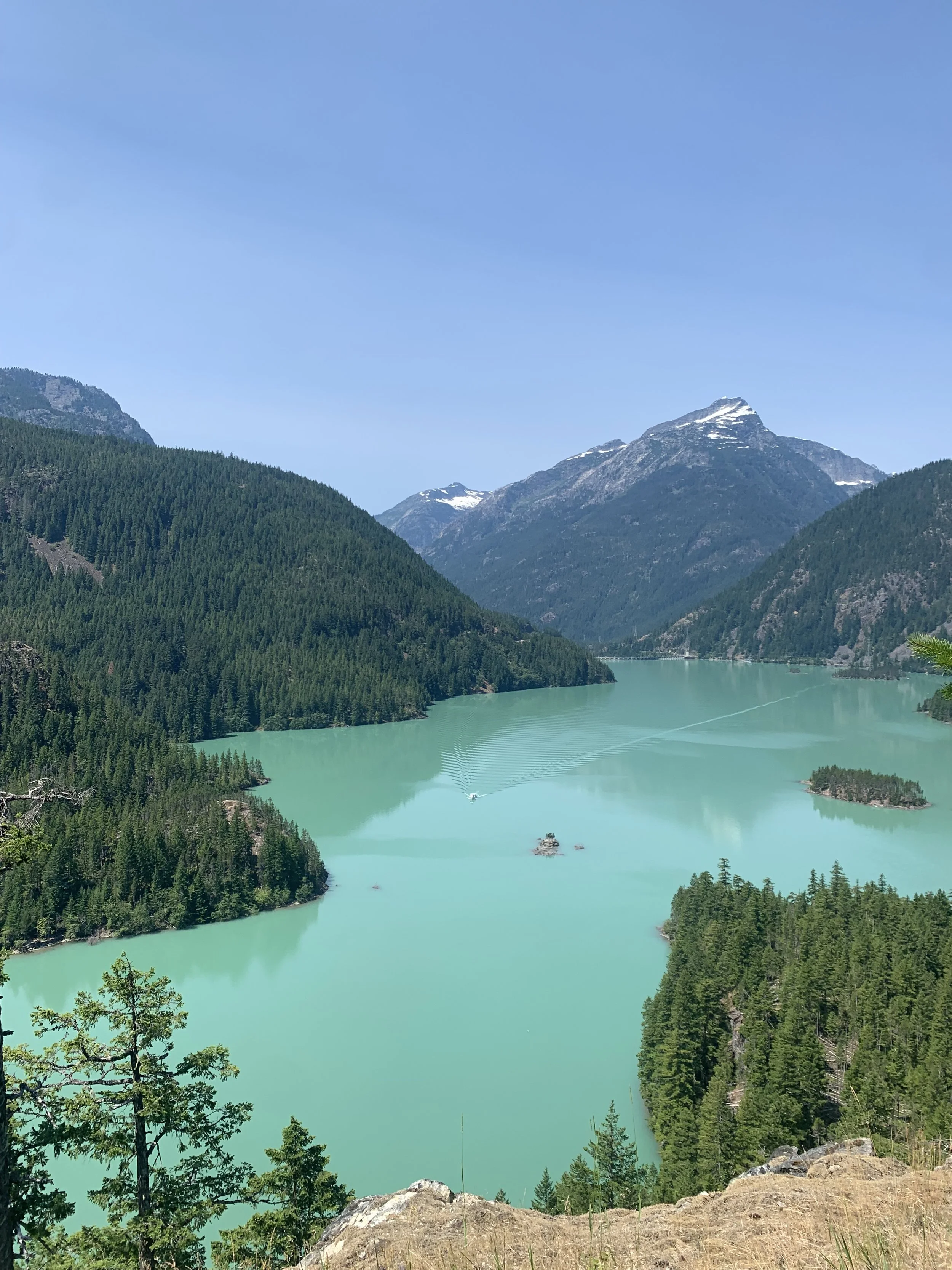 Scenic view of a turquoise lake surrounded by green forested mountains under a clear blue sky, with a small boat creating ripples on the water.