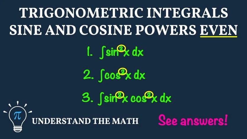 Trigonometric integrals examples with even powers: evaluate ∫ sin²x dx, ∫ cos²x dx, and ∫ sin²x cos²x dx.