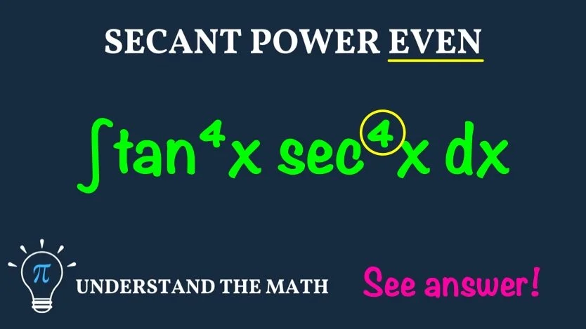 Trigonometric integrals example: evaluate ∫ tan⁴x sec⁴x dx when the power of secant is even.