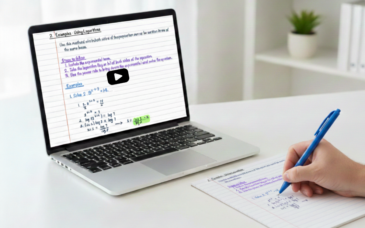 Student watching a math lesson with guided notes on a laptop while working through the same notes by hand on paper