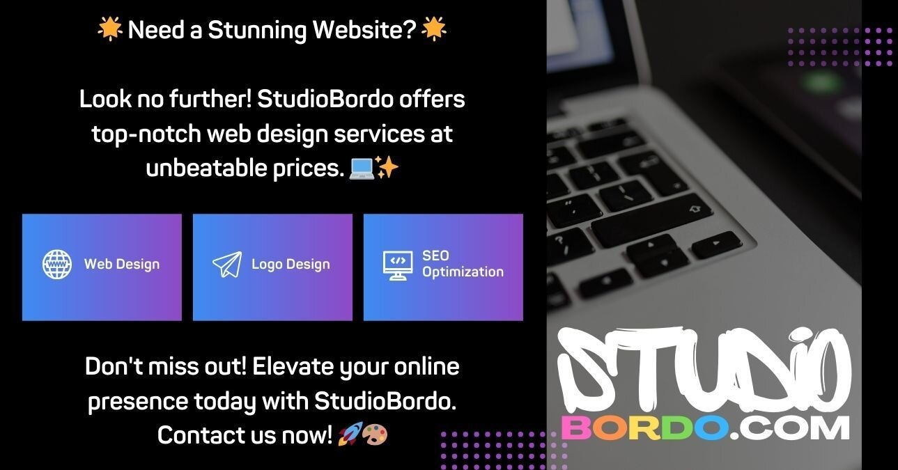 🌟 Need a Stunning Website? 🌟

Look no further! StudioBordo offers top-notch web design services at unbeatable prices. 💻✨

🔥 Average cost elsewhere: $9000
💰 Our Price: Half the Cost!

Don't miss out! Elevate your online presence today with Studio