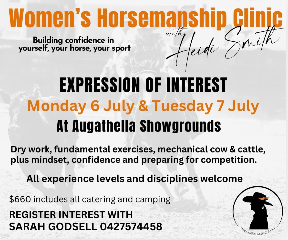 We are excited to be heading a little bit north to Augathella with a Women&rsquo;s Horsemanship clinic! Plenty of time in the saddle with practical dry work exercises, control at speed, mechanical cow and cattle plus lots of conversations and tools a