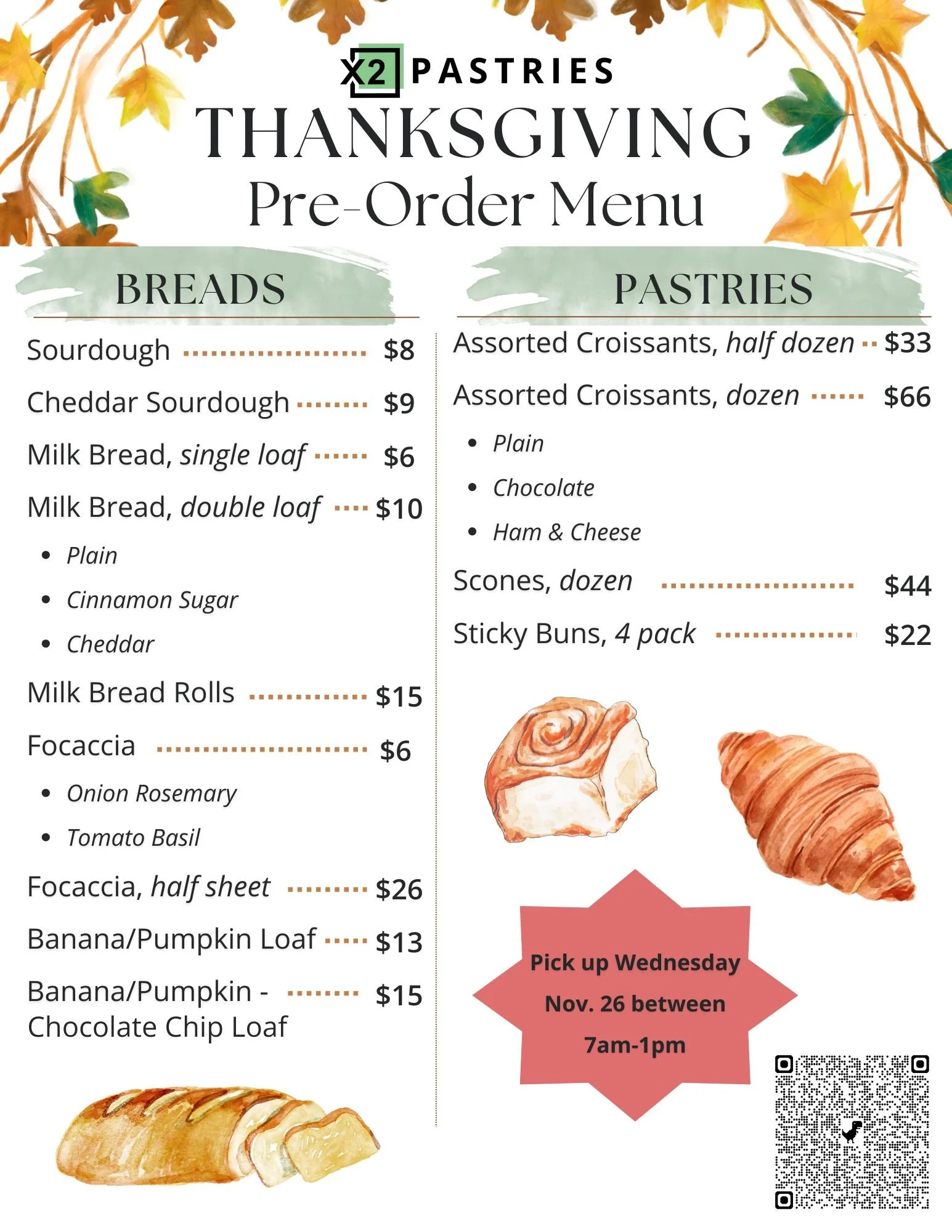 X2 Pastries Thanksgiving Menu page 1