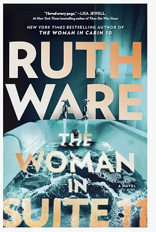 Book cover for 'The Woman in Suite 10' by Ruth Ware featuring a woman in a swimming pool with a pool ladder.