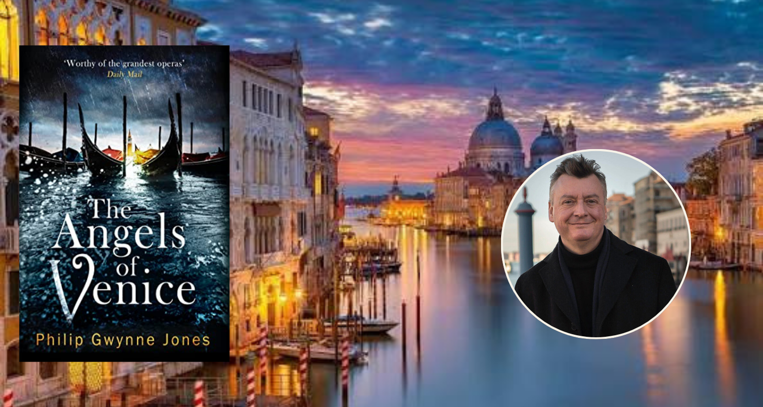 The Angels of Venice by Philip Gwynne Jones — the book cover set over a photograph of the Grand Canal at sunset, with a portrait of the author.