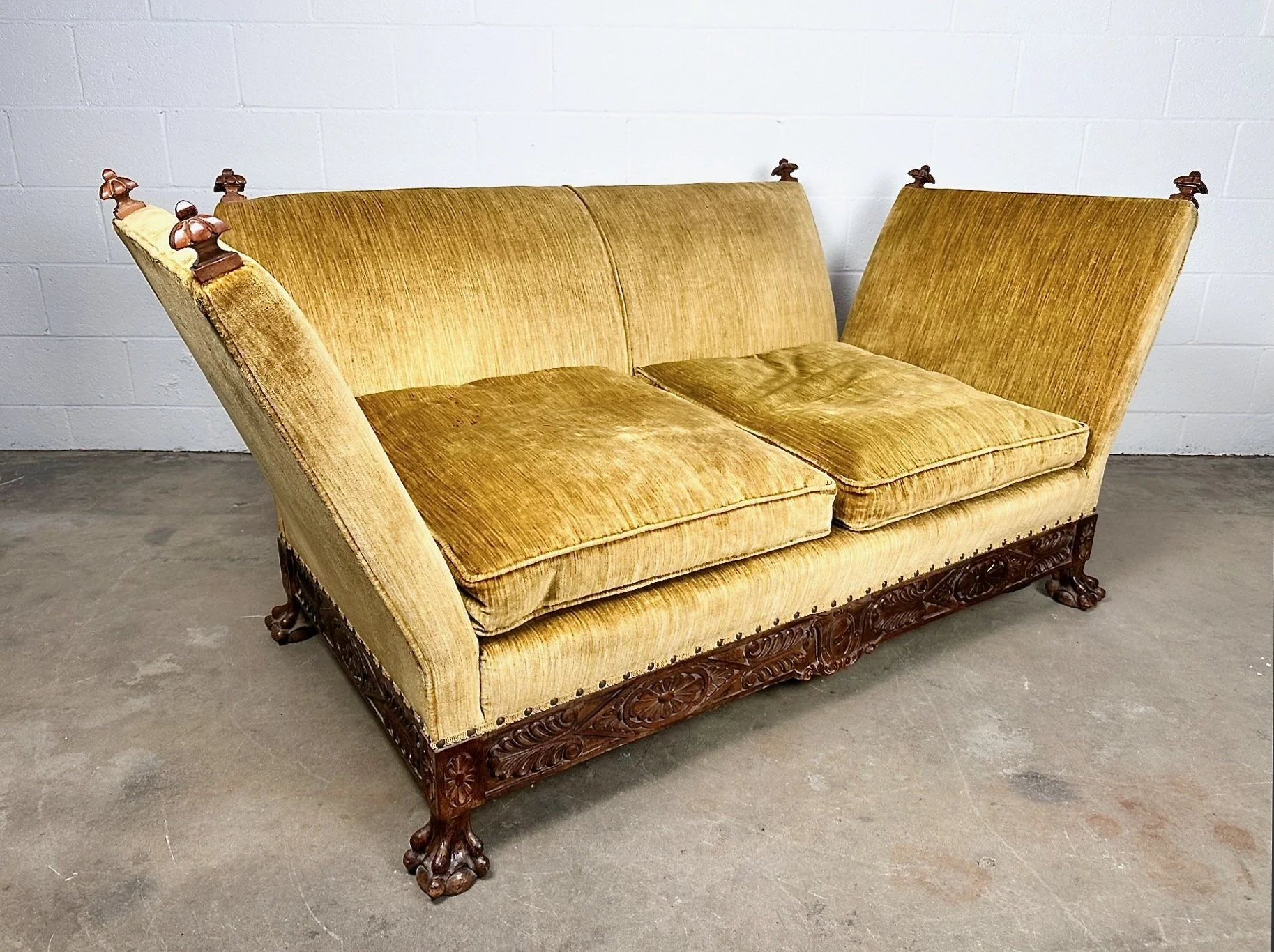 Antique Knole-Style Sofa, Hand-Carved Walnut, Silk Velvet, c. 1900 - 1920's