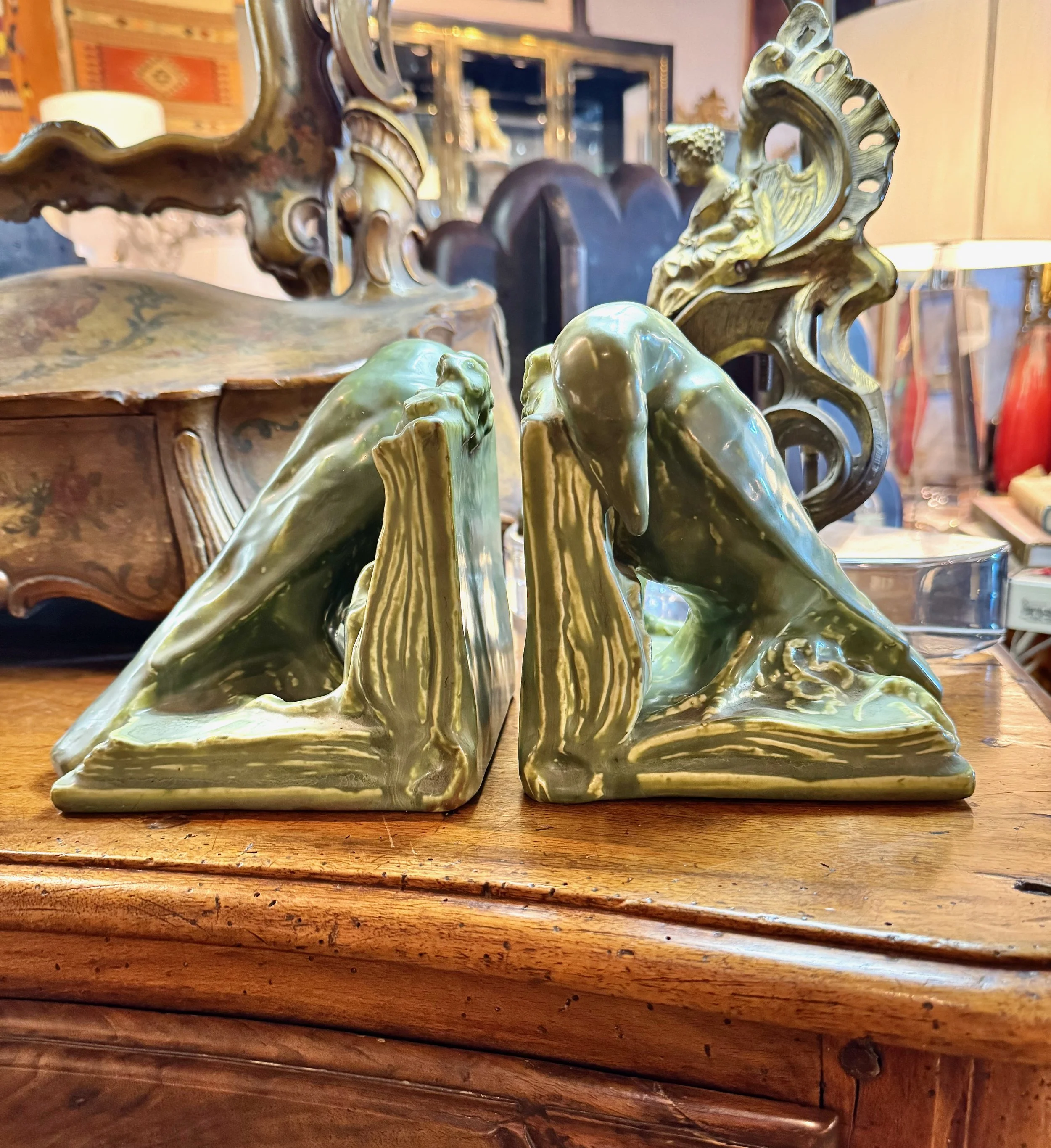 Pair Signed Matte Green Rookwood Crow Bookends, c. 1920s
