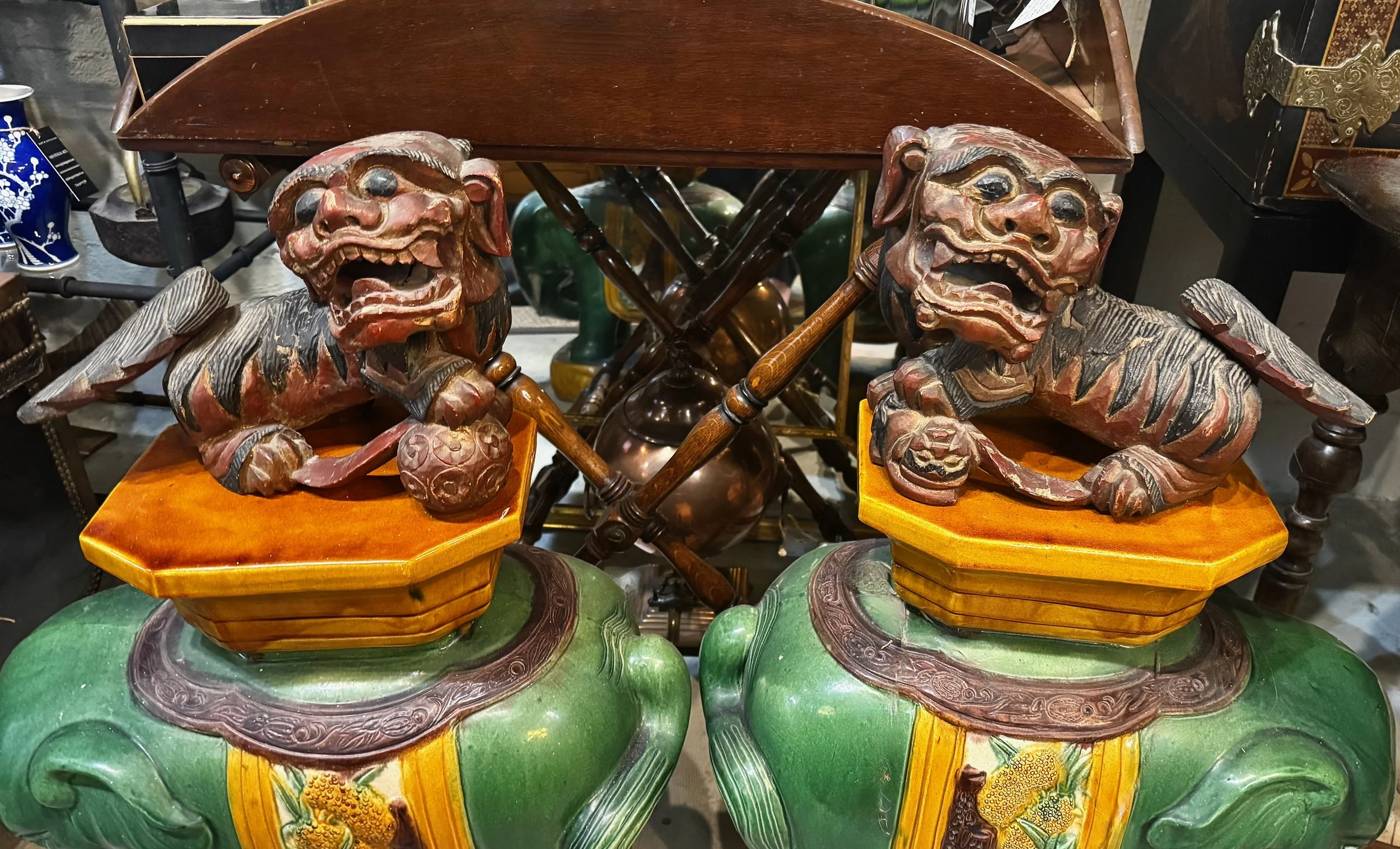 Pair Antique Chinese Carved Wood & Lacquer Foo Dogs (Shi-Shi)