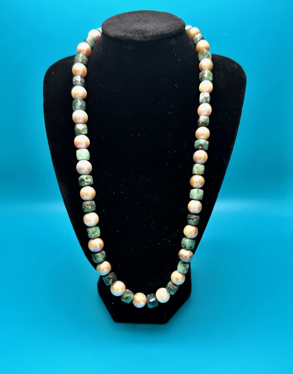South Sea Blush Baroque Pearl and Raw Cubed Emerald Necklace