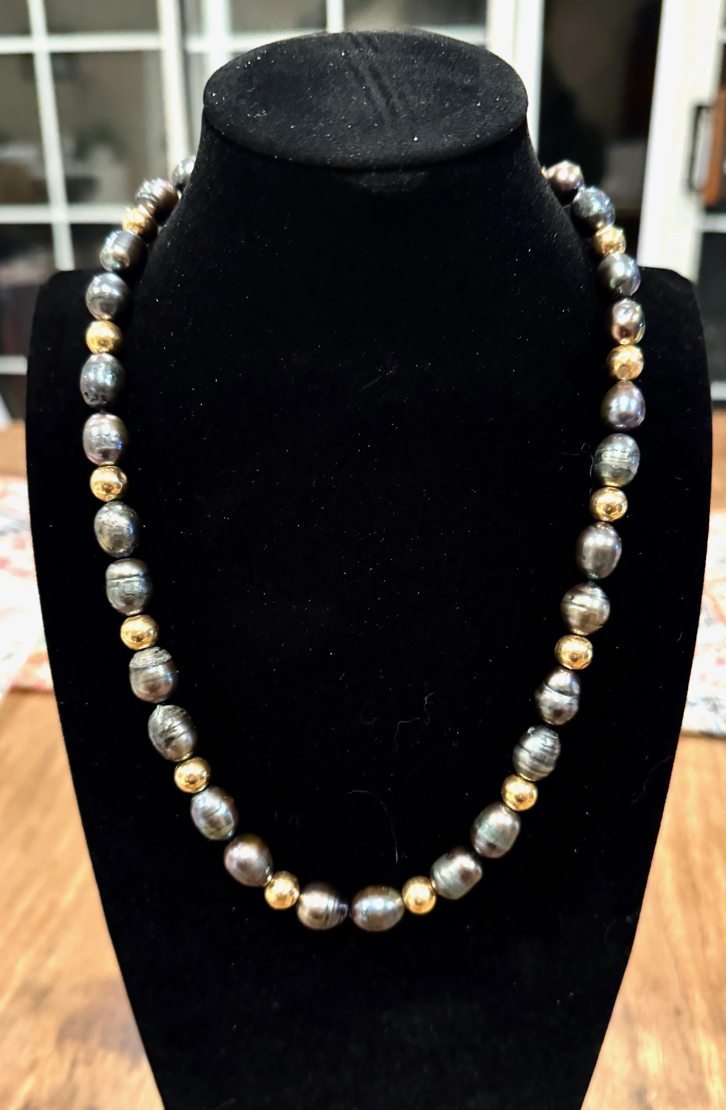 Black Peacock Baroque Pearl and Gold bead - 1.jpeg