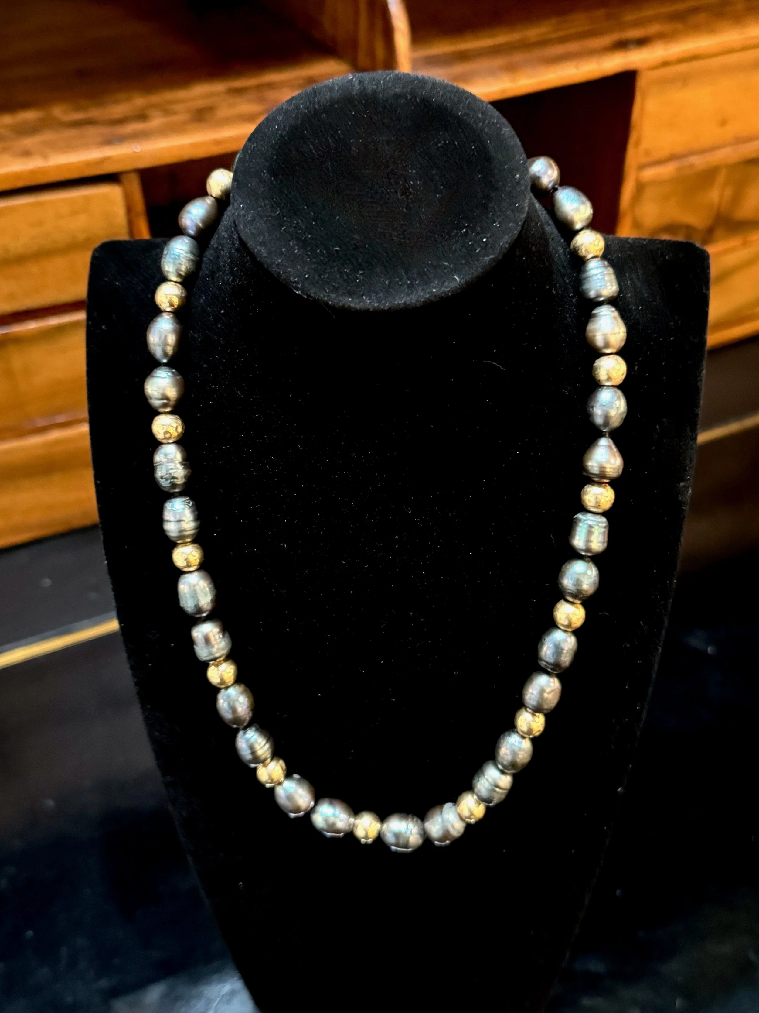 Black Baroque Pearls and Gold Beads