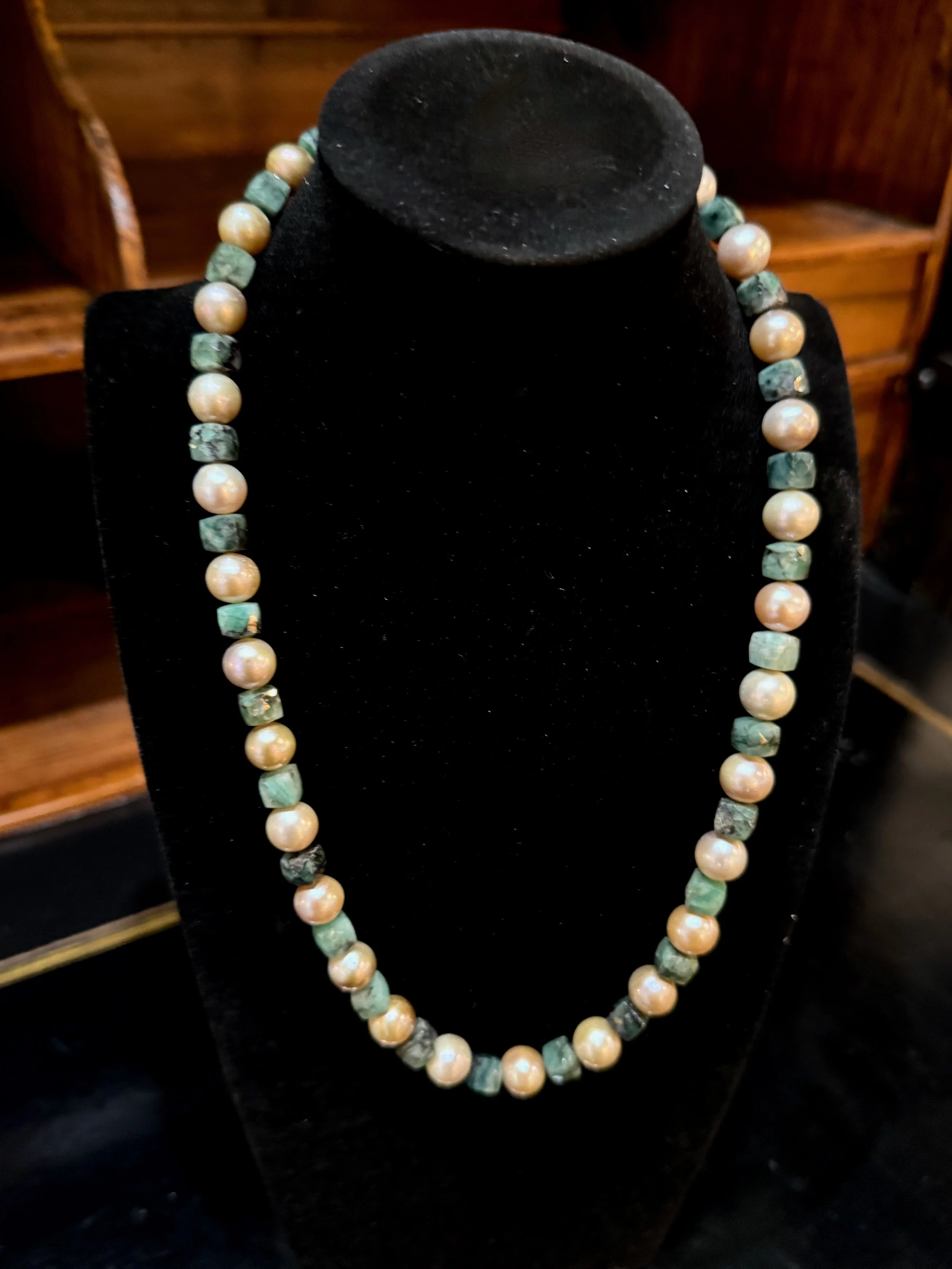 South Sea Blush Baroque Pearl and Raw Cubed Emerald Necklace