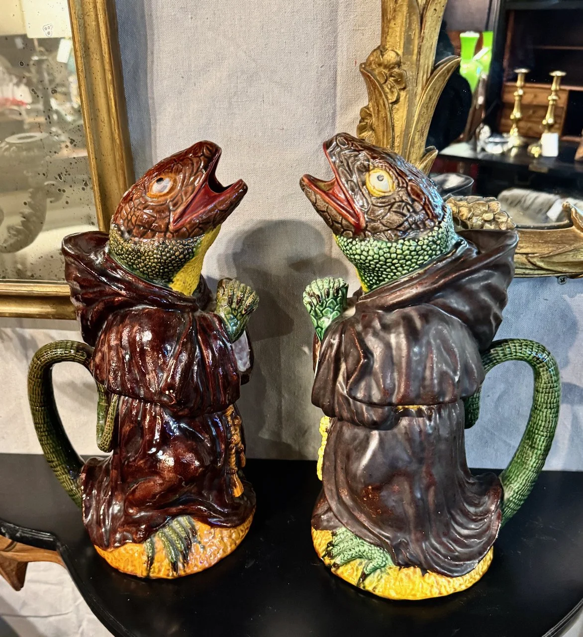 Portuguese Majolica Lizarad-Monk Jug by Manuel Marfa