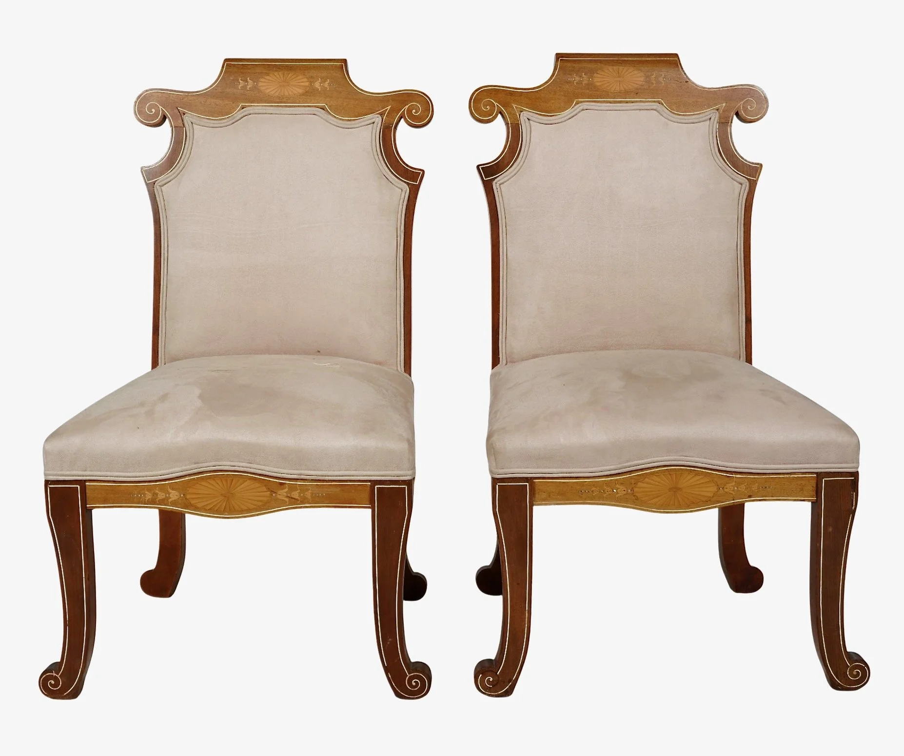 Pair Unusual Inlaid Edwardian/Neoclassical Style Slipper Chairs