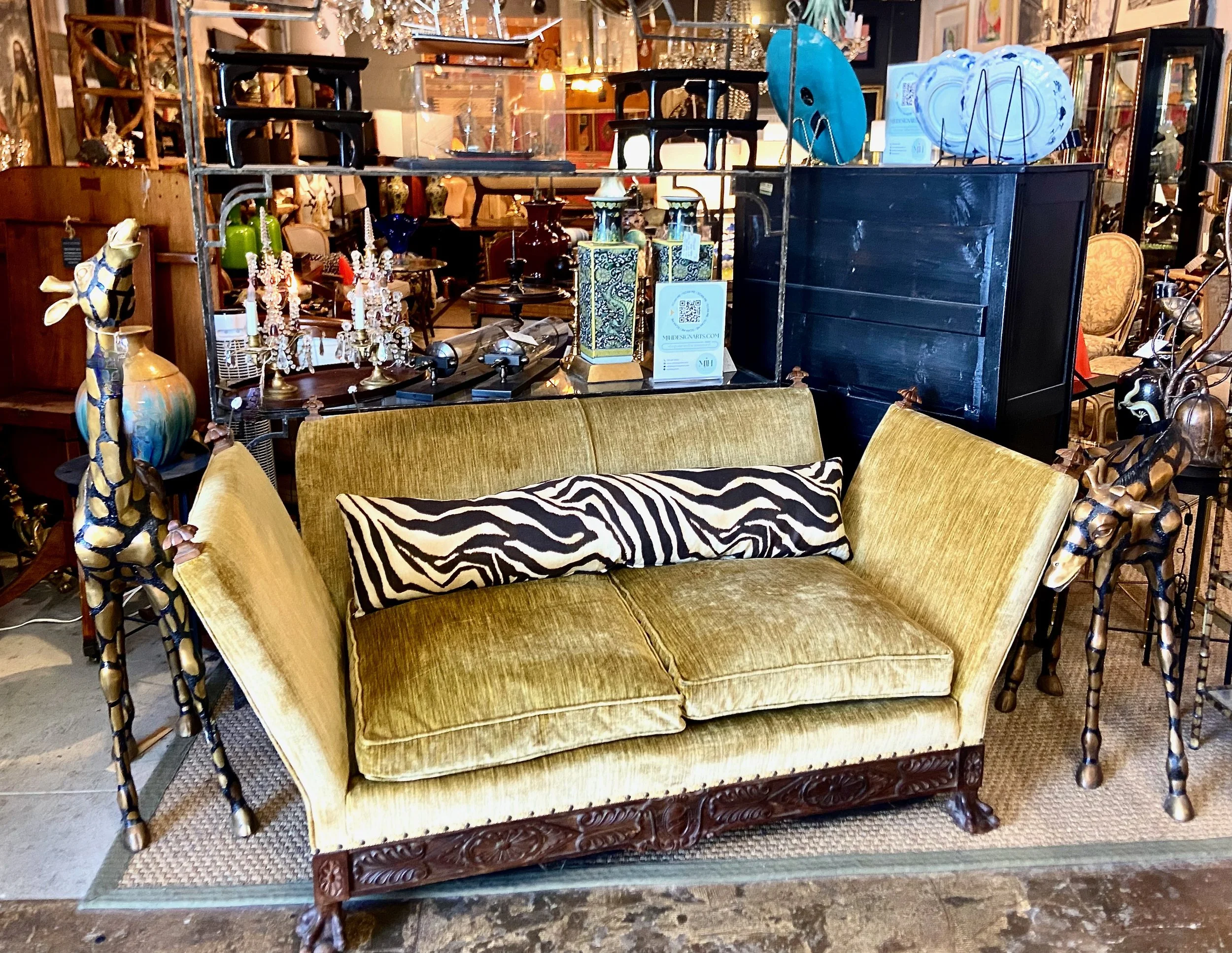 Antique Knole-Style Sofa, Hand-Carved Walnut, Silk Velvet, c. 1900 - 1920's