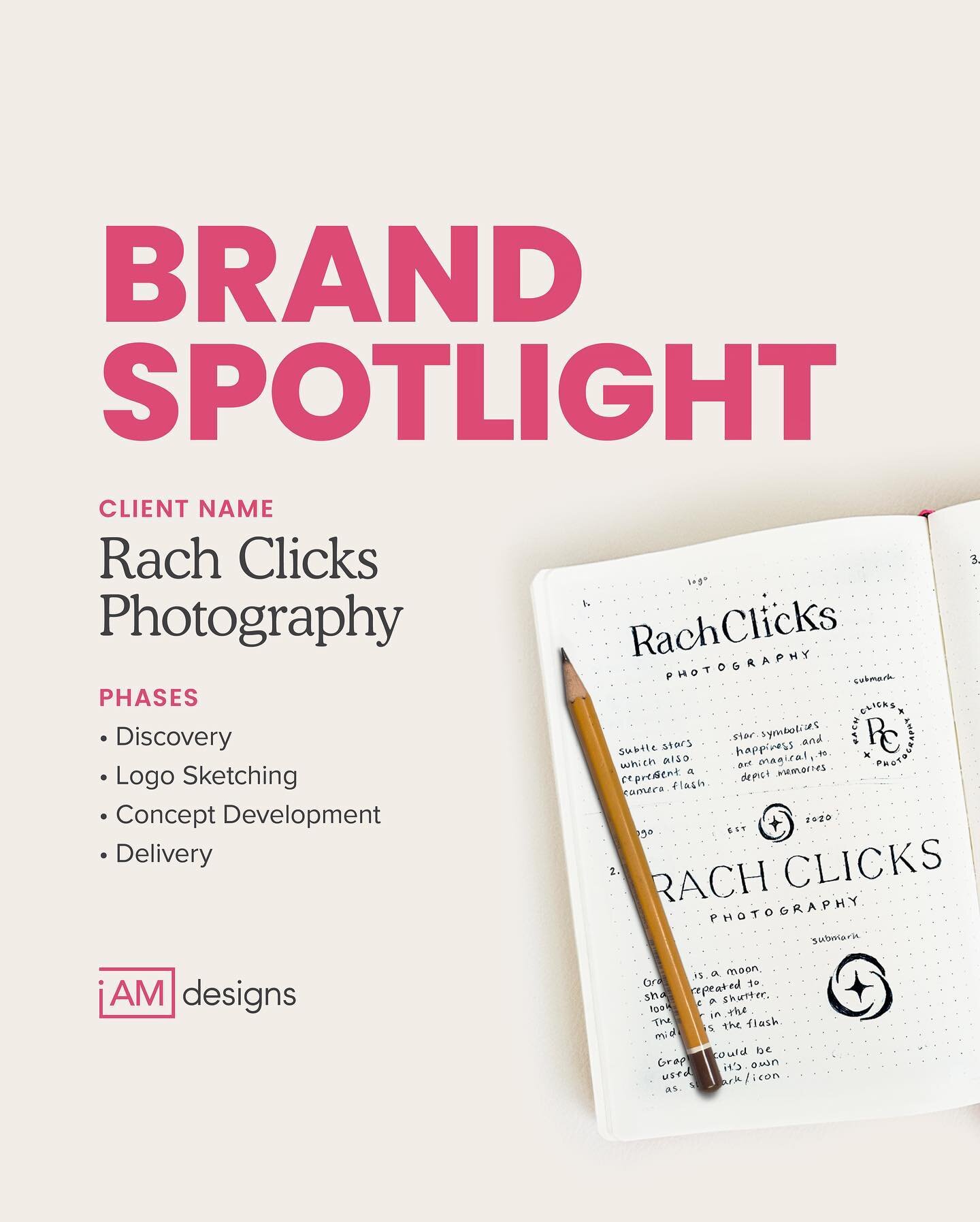 Brand Spotlight featuring a brand I recently developed for @_rachclicks! ✍🏻 
.
Since sketching is such an important part of my process, I wanted to showcase more of that phase and the chosen concept from those sketches!
.
There is actually a lot tha