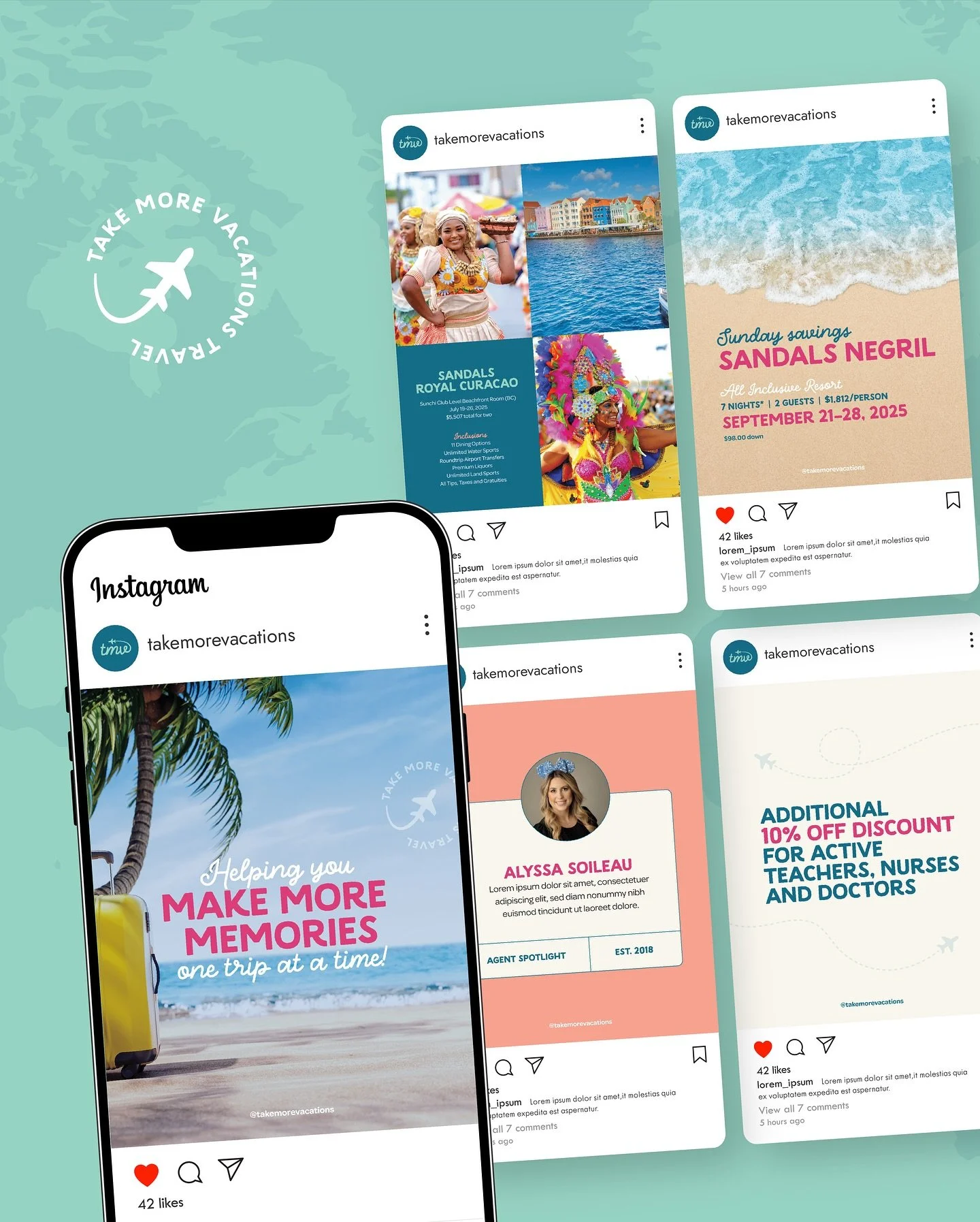 A closer look at the @takemorevacationstravel brand! Since they offer bookings for such a wide range of travel experiences, they wanted the brand to feel broad and versatile. We went with a bright, fun, and approachable look, using playful fonts and 