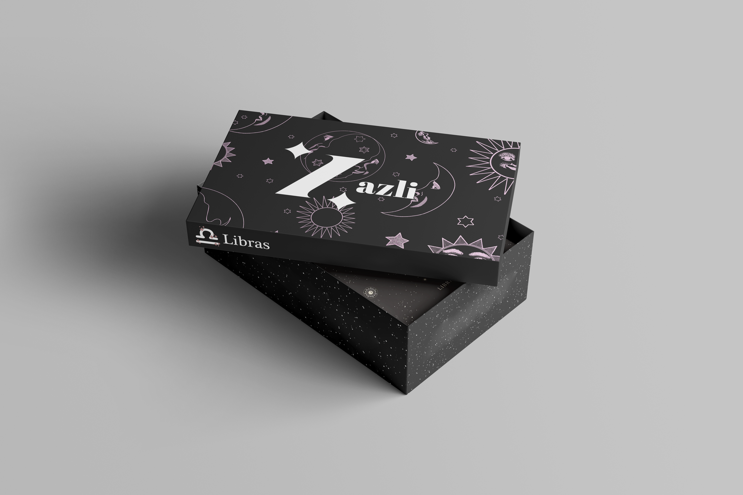 Two black astrology-themed boxes with star, moon, and sun designs. The top box features the Zazli logo; the side of the lower box mentions 'Libras'.