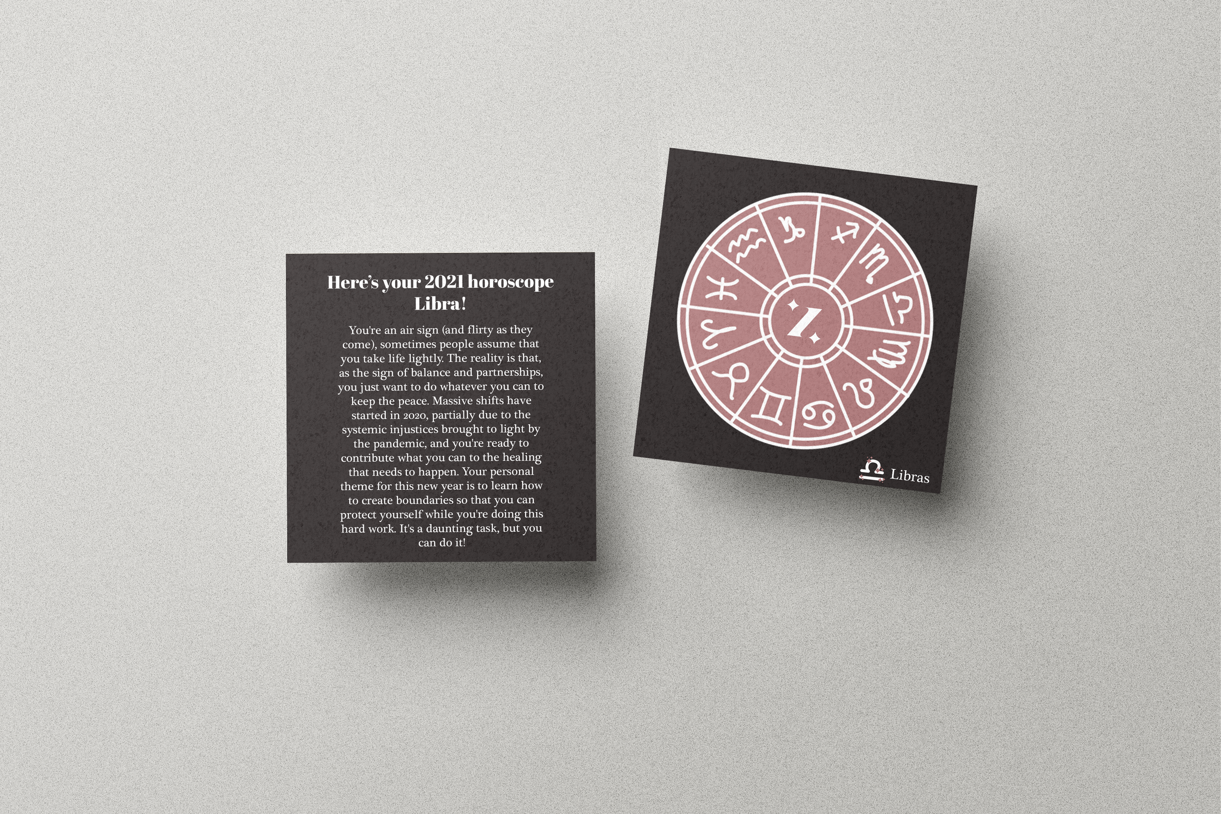 A digital graphic displaying a 2021 horoscope for Libra, featuring a pink zodiac wheel with Libra's symbol in the center, and a textual overview explaining Libra's traits and guidance for the year.