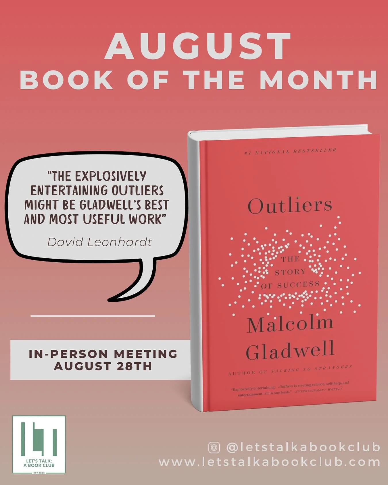 Can time slow down?!! Join us as we read our last book of the summer, Outliers by Malcolm Gladwell. We can't wait to hear what you all think about this one! 
Please note that we will be meeting on THURSDAY, August 28th this month due to the holiday