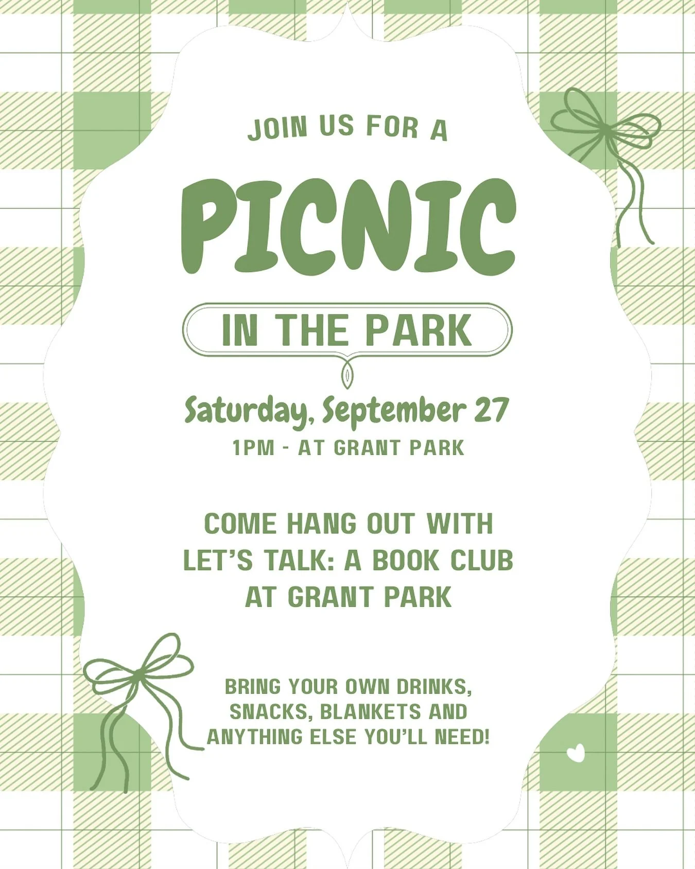 Join us this month on Saturday, September 27th at 1pm at Grant Park for a picnic! 🧺  We look forward to hanging out with you. 💚
RSVP with link in bio. 
#LetsReadLetsTalk