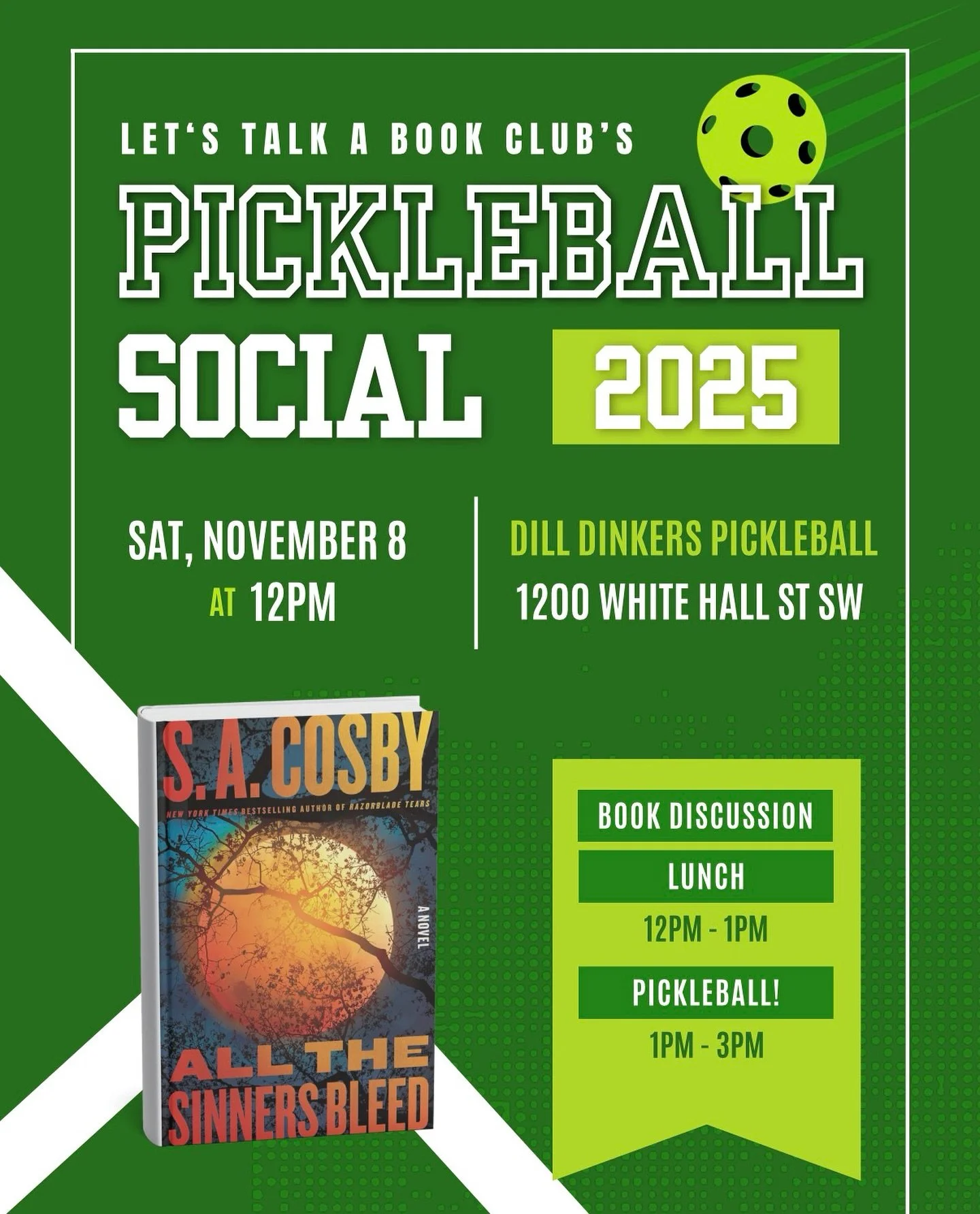 We heard October was a pretty hectic month for our members! So we are giving everyone 2 extra weeks to finish reading our October book of the month 🥳
Meet us at Dill Dinkers on November 8th for book discussion and lunch, followed by 2 hours of pick