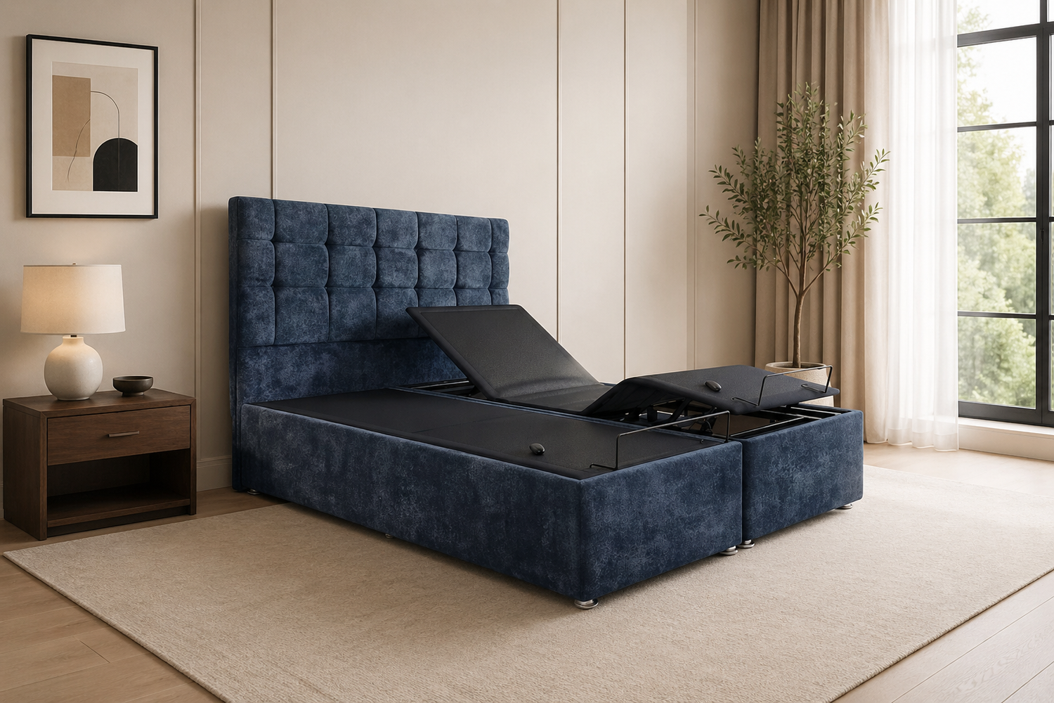 AAB Lifestyle Base — premium adjustable bed in navy blue