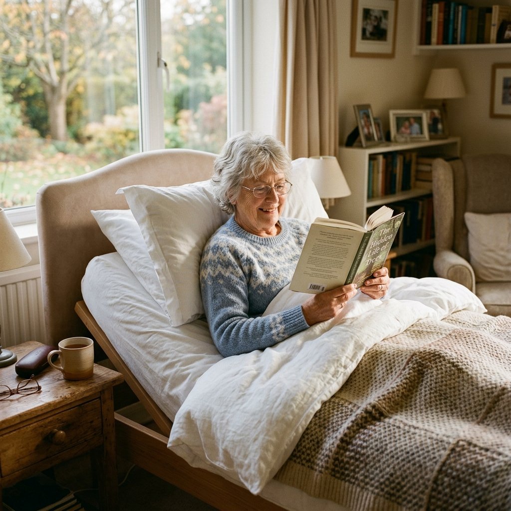 Woman relaxing in adjustable bed