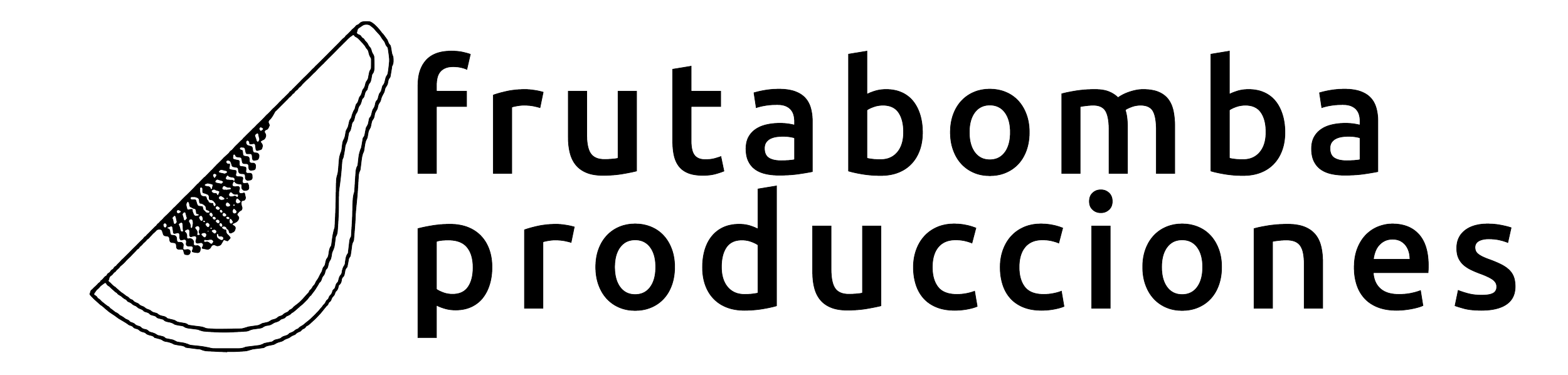 Logotipo de "frutabomba producciones" con una ilustración de un gajo de fruta.