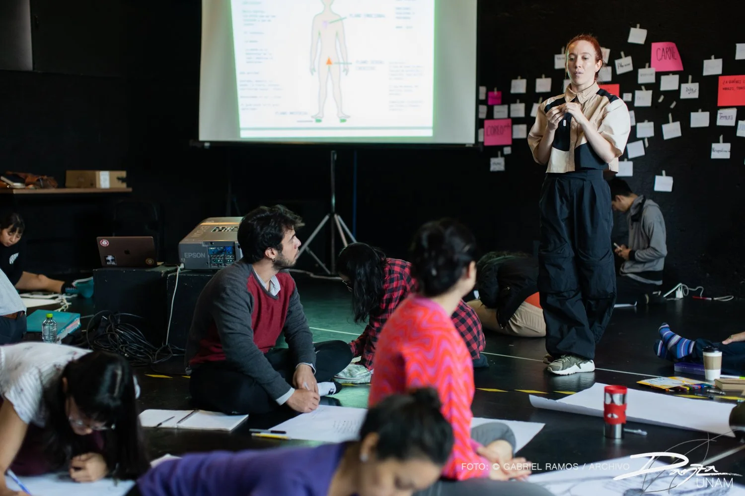 Personas en una clase o taller, con un proyector mostrando una presentación sobre el cuerpo humano. Varias personas están sentadas en el suelo tomando notas, y una persona de pie habla frente al grupo.