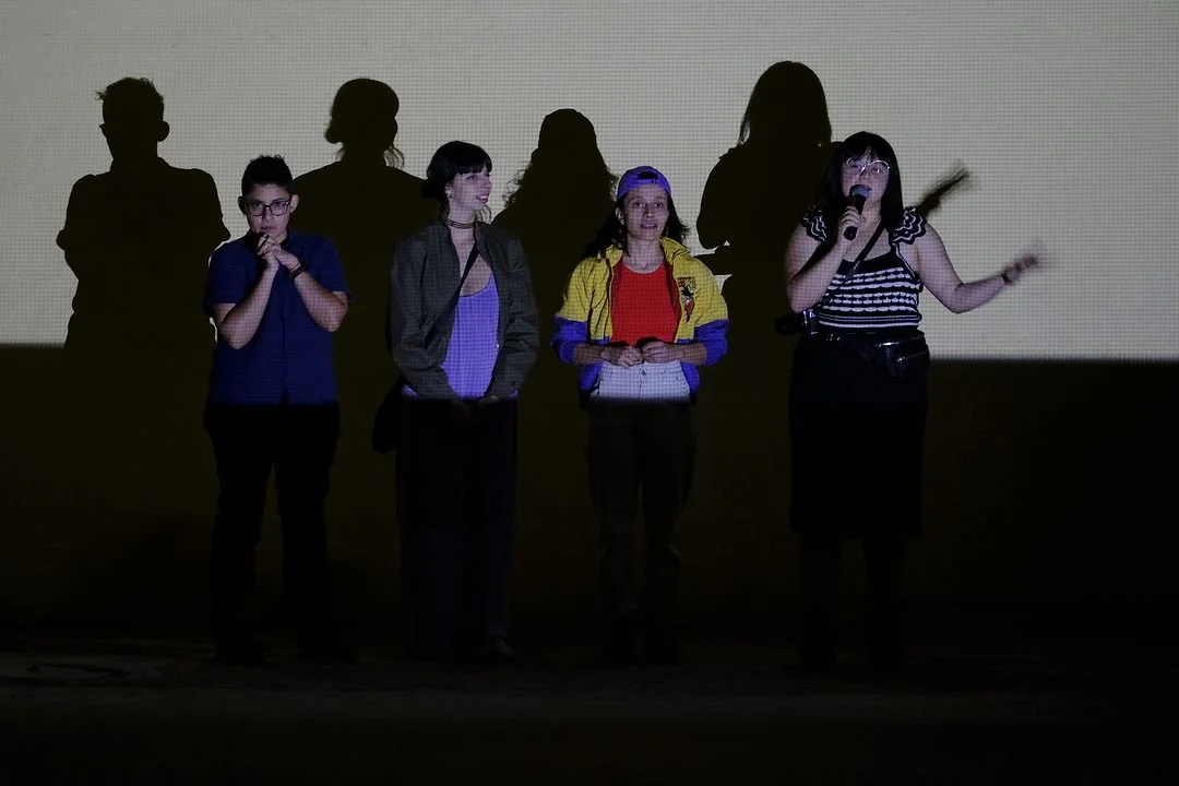 Cuatro personas de pie frente a una pared iluminada, una de ellas con un micrófono, con sombras proyectadas detrás de ellas.