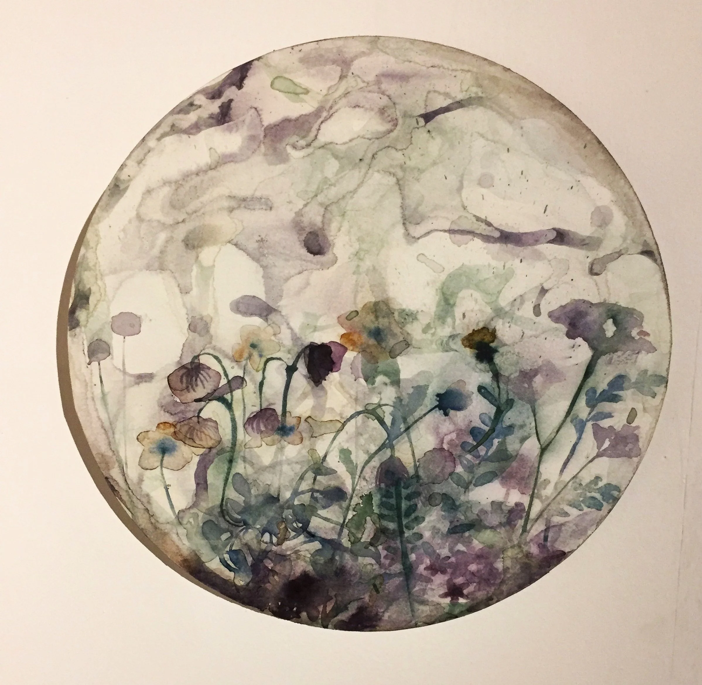 Acuarela de flores en círculos, tonos suaves y abstractos.