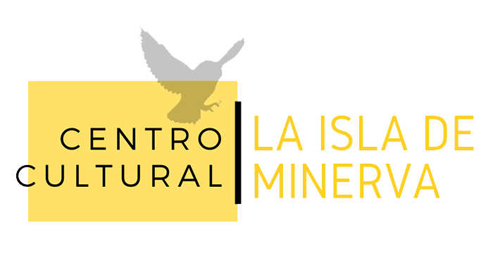 Logotipo del Centro Cultural La Isla de Minerva con un búho sobre un fondo amarillo.