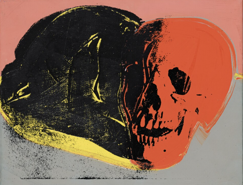 Arte abstracto de un cráneo en colores negro y rojo con fondo amarillo y rosado.