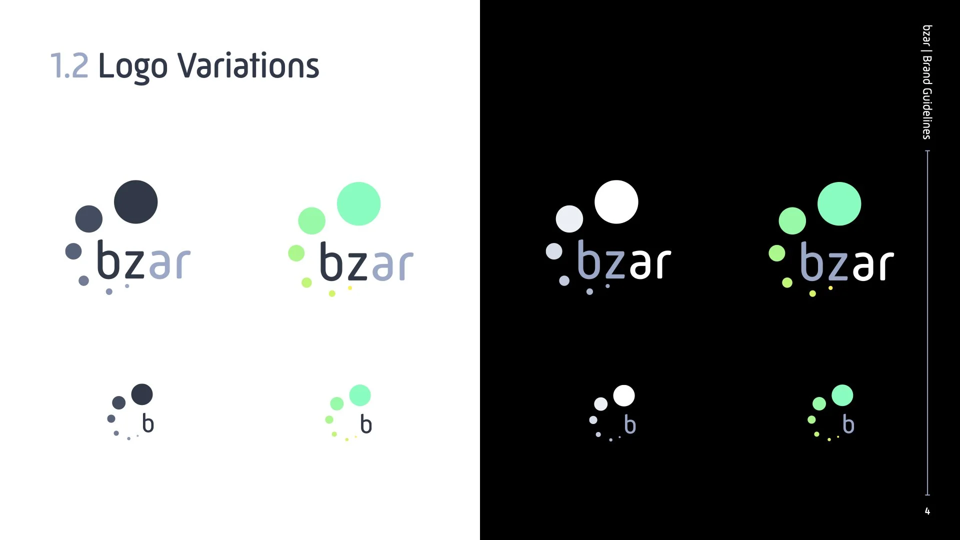 Comparison of different logo variations for 'bzar', showing versions on light and dark backgrounds with size and color differences.