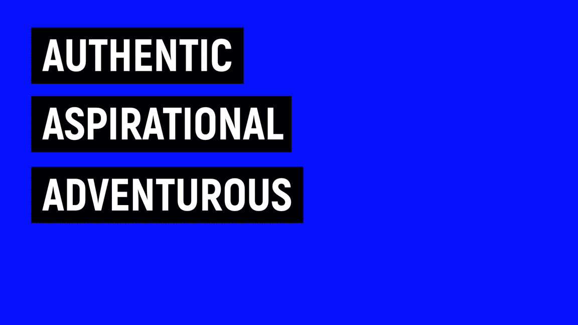 Text reading 'Authentic Aspirational Adventurous' on a blue background with black and white text blocks.