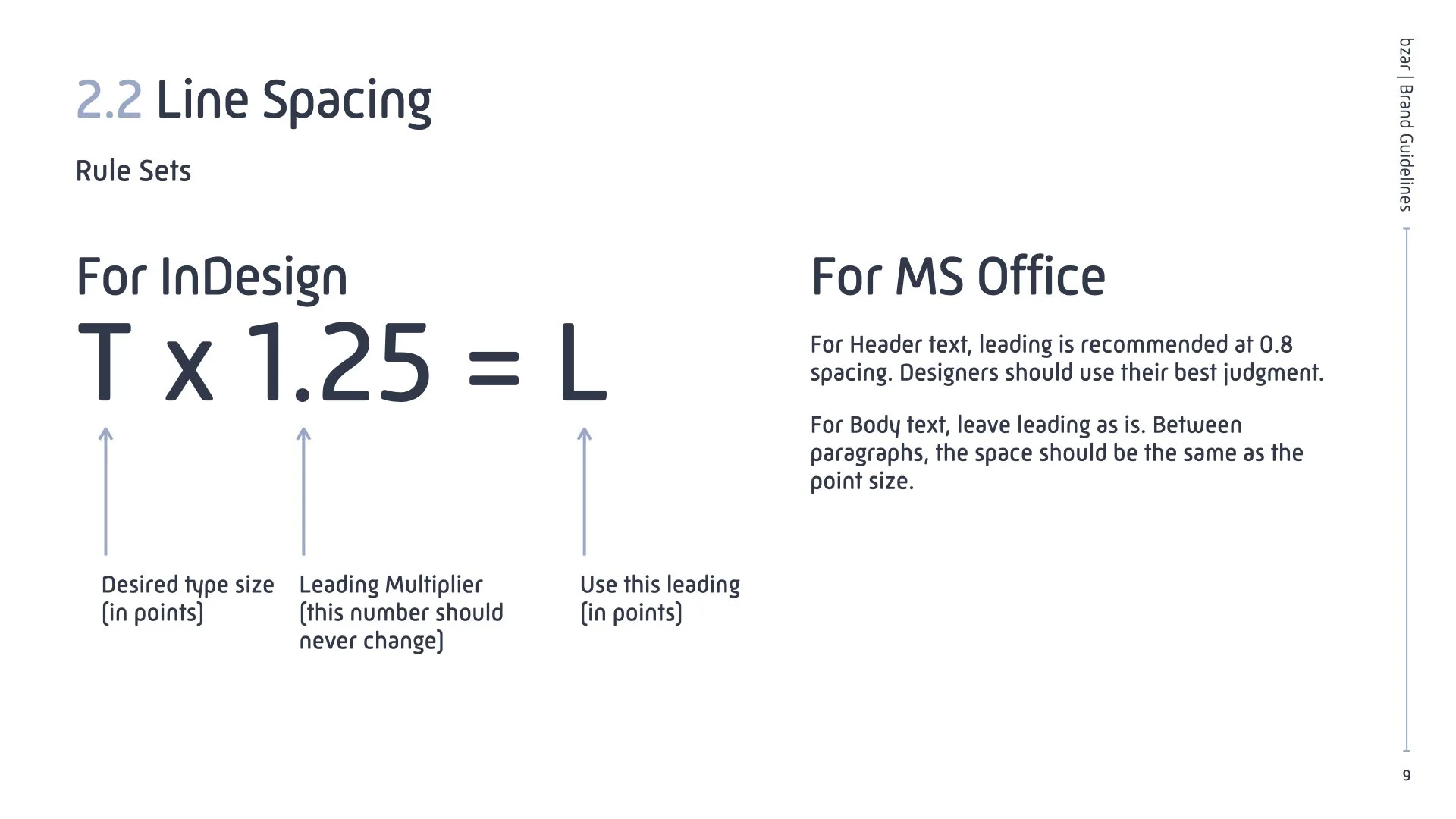 Guide on line spacing rules for InDesign and MS Office, showing examples of typography with annotations for desired type size in points, leading multiplier, and usage instructions.