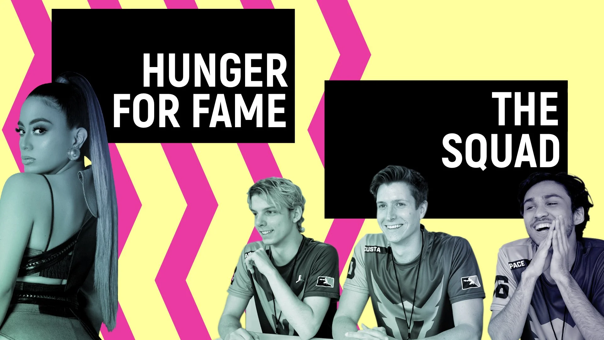A promotional graphic featuring a woman with long dark hair and four men wearing team jerseys. The background has yellow and pink zigzag patterns. Text in black boxes reads, 'Hunger for Fame' and 'The Squad'.