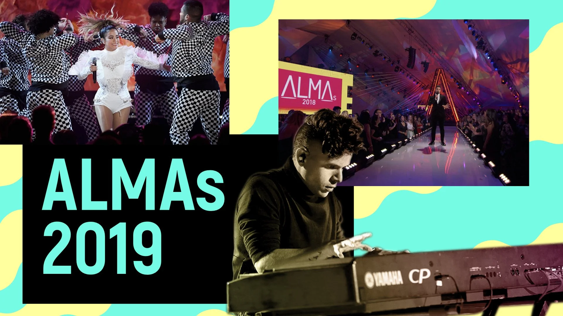 Collage of images from the Almas 2019 event, featuring a female singer performing on stage with backup dancers, a fashion runway with models, and a musician playing the keyboard.