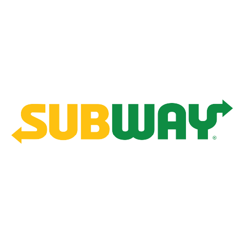 Subway logo with yellow and green text and arrows, on a black background.