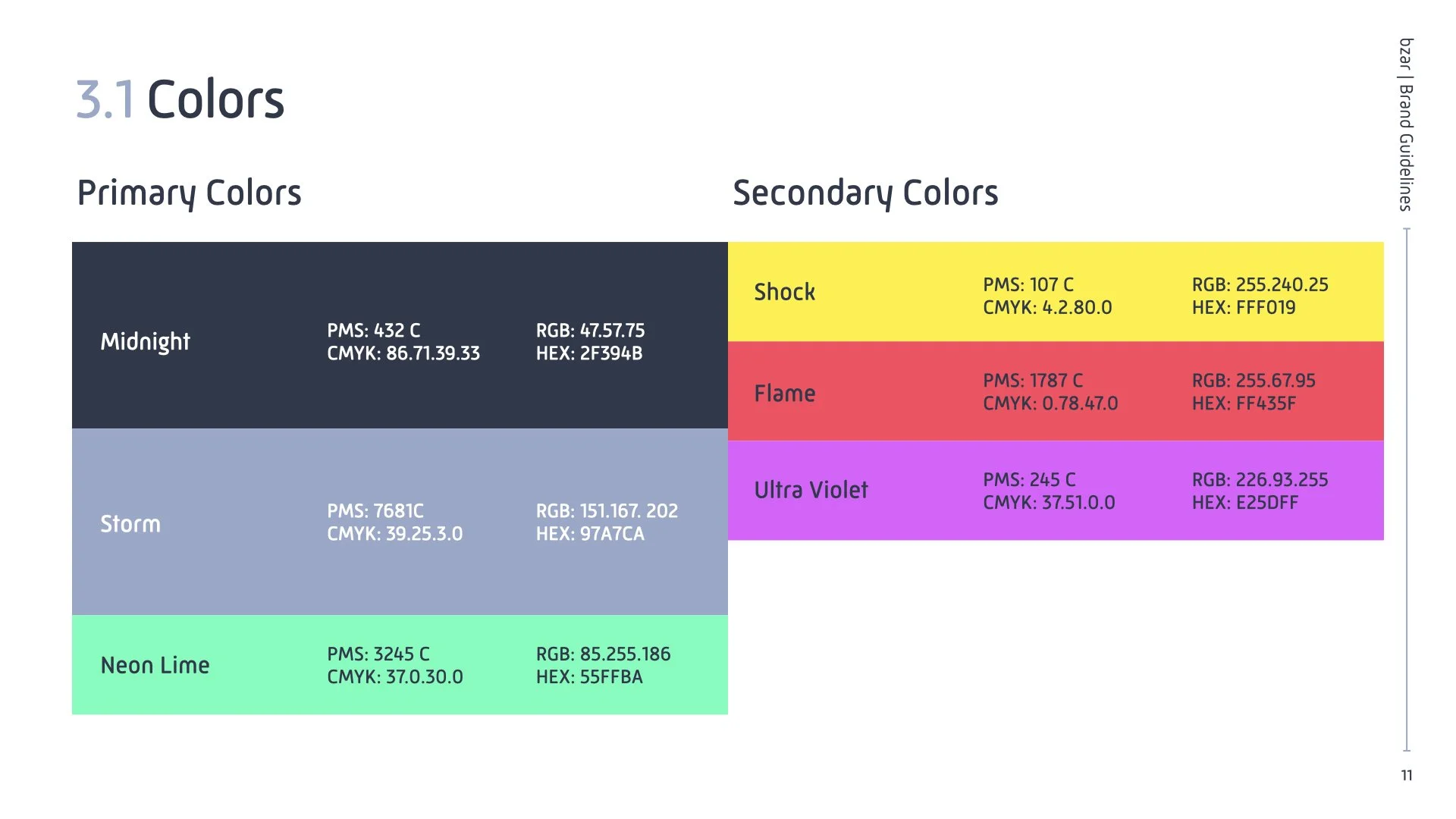 A color guide with primary colors Midnight, Storm, Neon Lime and secondary colors Shock, Flame, Ultra Violet, each with their corresponding color codes in PMS, RGB, HEX, and CMYK.