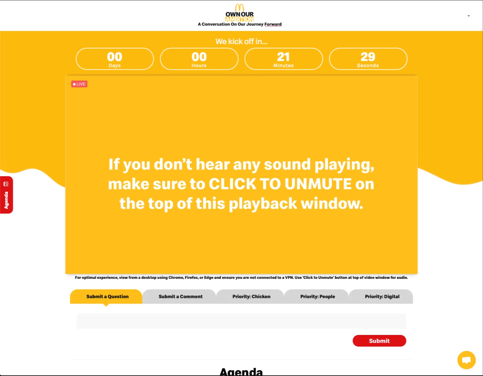 Screenshot of a McDonald's branded webinar webpage with a large yellow playback window displaying a message instructing users to click to unmute if they don't hear any sound. At the top, a countdown timer shows 0 days, 0 hours, 21 minutes, and 29 seconds remaining before the event starts. The webpage includes a red 'LIVE' indicator, tabs for submitting questions, comments, and priority options for chicken, people, and digital.