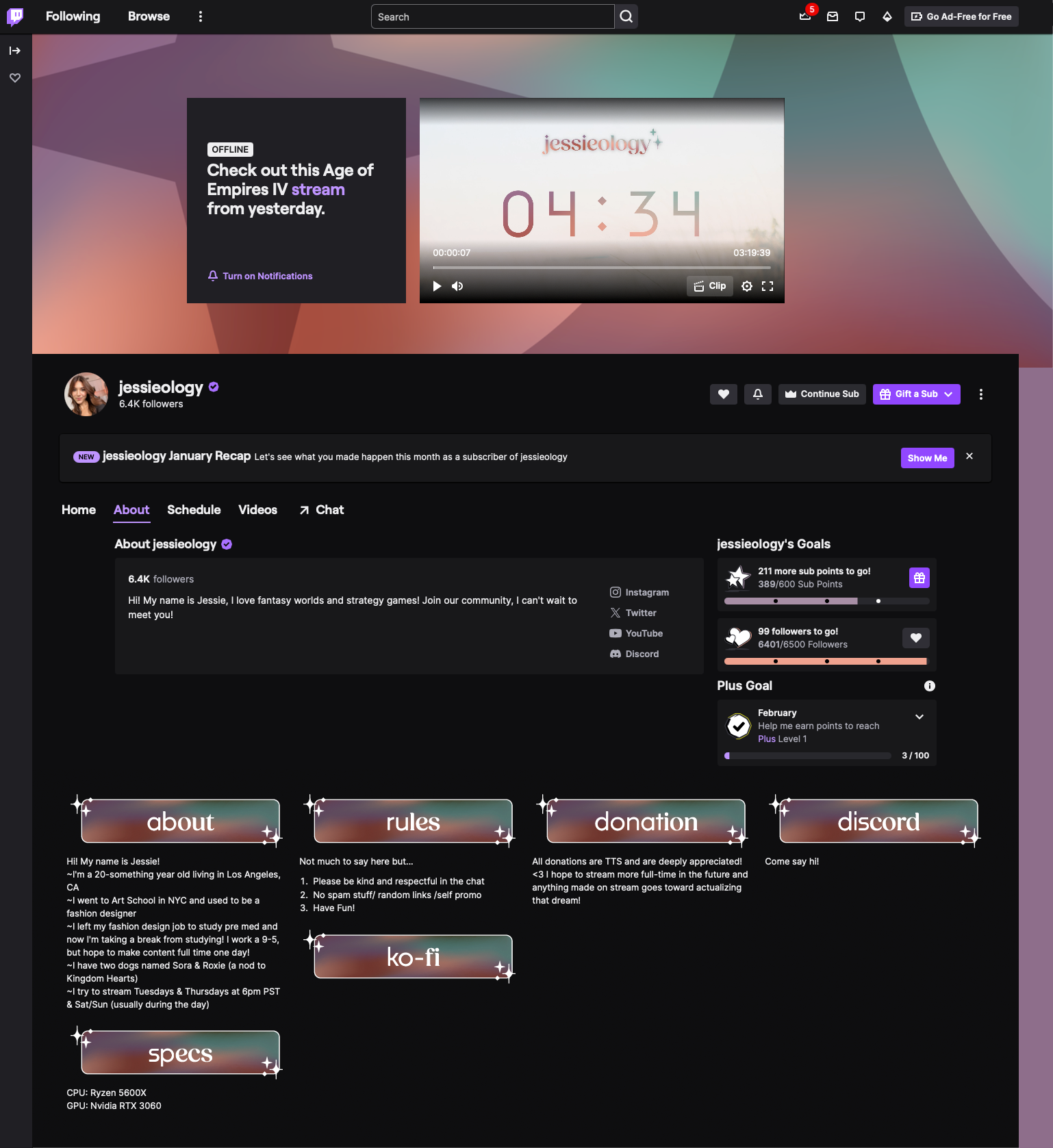 Twitch profile page for jessieology with a dark theme, showing channel information, social links, goals, and navigation tabs for about, rules, donation, discord, and specs.